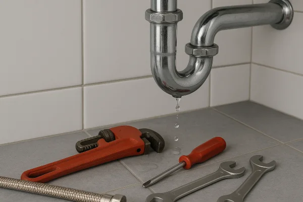 a sink water leak and plumbing tools on the floor from Emergency Plumber San Marcos in San Marcos, TX - Commercial plumbing services