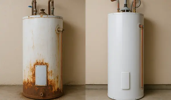 a rusted water heater next to a brand new water heater from Emergency Plumber San Marcos in San Marcos, TX - Faucet Replacement Services