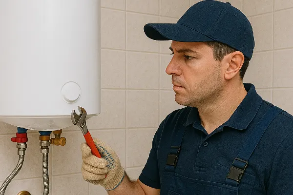 a male plumber working on a water heater mounted on the wall from Emergency Plumber San Marcos in San Marcos, TX - Faucet Replacement Services
