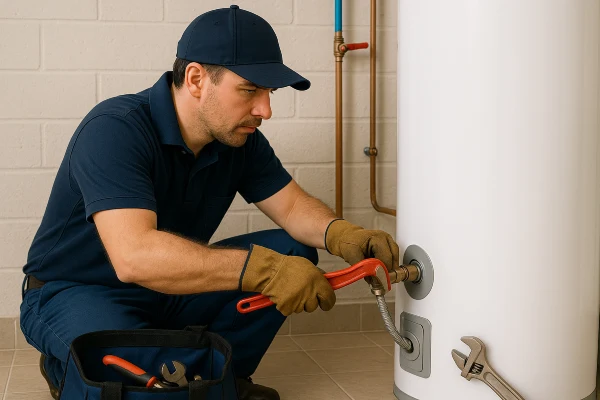 a male plumber working on a water heater connection from Emergency Plumber San Marcos in San Marcos, TX - Faucet Replacement Services