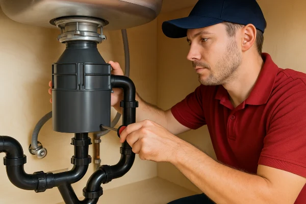a male plumber using a screwdriver to fix a garbage disposal from Emergency Plumber San Marcos in San Marcos, TX - Faucet Replacement Services
