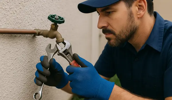 a male plumber fixing an outdoor faucet from Emergency Plumber San Marcos in San Marcos, TX - Slab Leak Detection