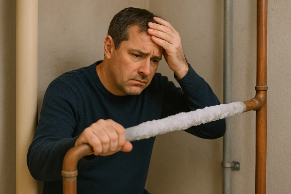a worried plumber looking at a frozen pipe from Emergency Plumber San Marcos in San Marcos, TX - Slab Leak Detection