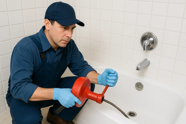 a plumber running a snake to clear a bathtub drain from Emergency Plumber San Marcos in San Marcos, TX - Slab Leak Detection