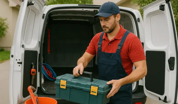 a plumbing technician putting his toolbox back in his van from Emergency Plumber San Marcos in San Marcos, TX - Toilet Replacement Services