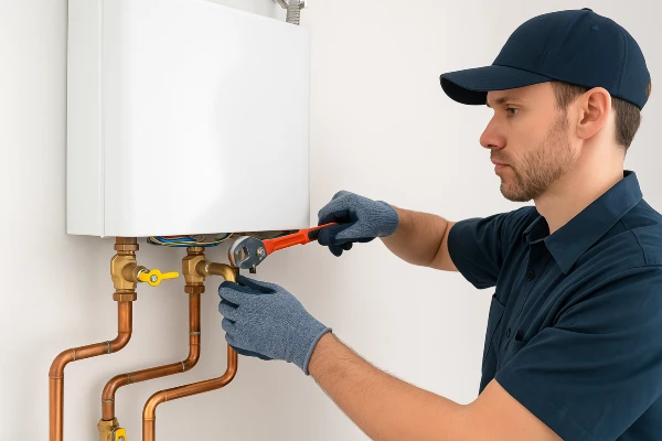 a plumber working on a tankless water heater from Emergency Plumber San Marcos in San Marcos, TX - Toilet Replacement Services