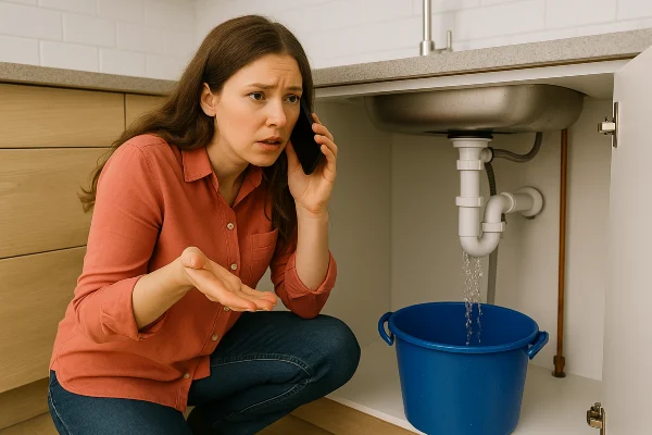 a woman on the phone about a water leak underneath her kitchen sink from Emergency Plumber San Marcos in San Marcos, TX - Toilet Replacement Services