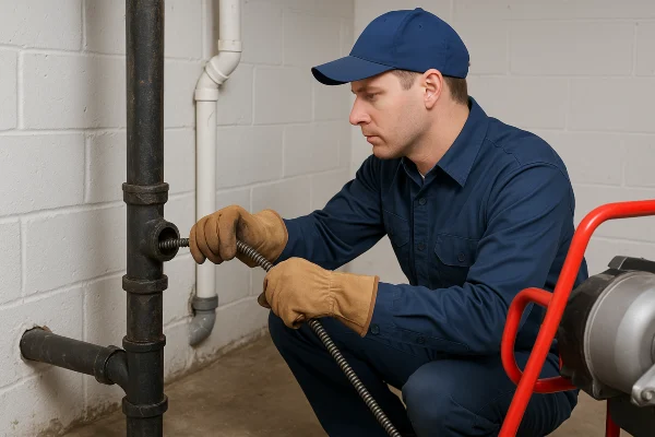 a plumber using a snake to clear a plumbing pipe from Emergency Plumber San Marcos in San Marcos, TX - Toilet Replacement Services